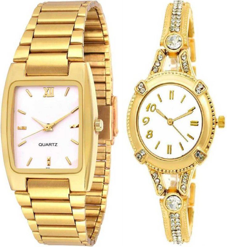 chain belt Analog Watch - For Boys & Girls Square white dial Golden and fancy diamond studded watch For couple