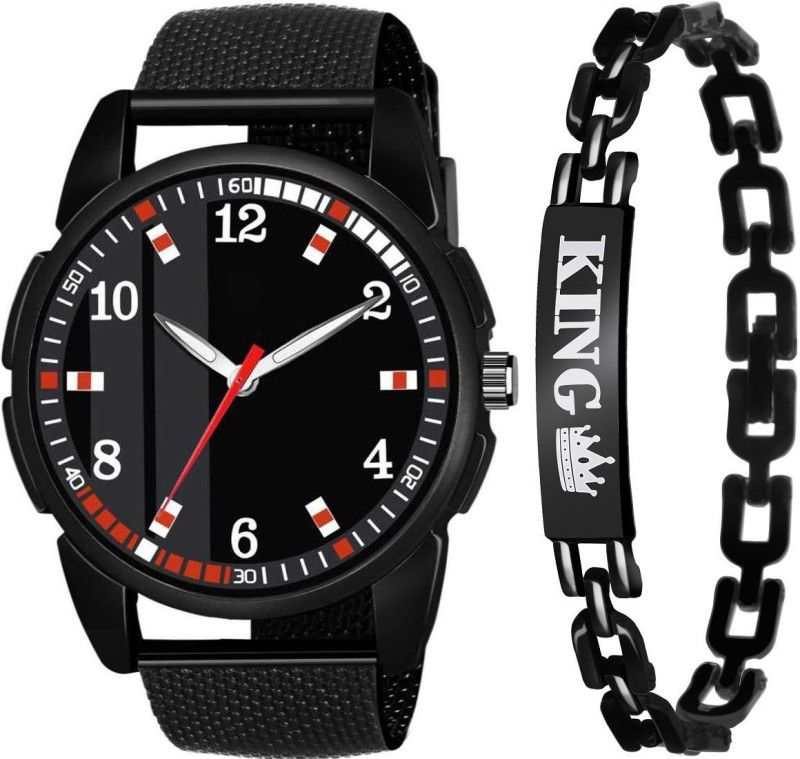 Analog Watch - For Boys New Latest Arrival Combo Of Black Dial PU Belt Watch and King Bracelet