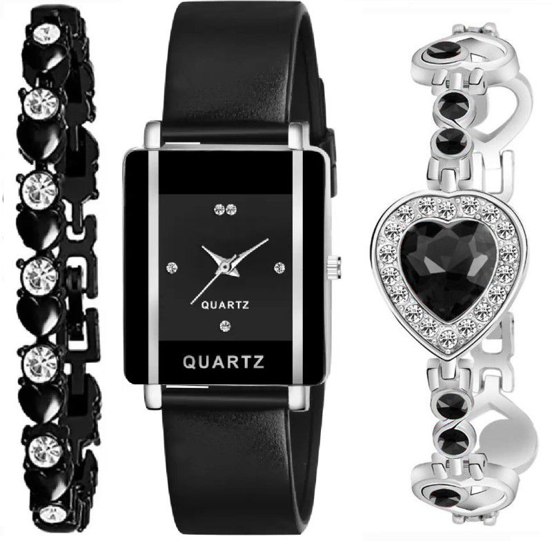 Analog Watch - For Girls SW-346 New Combo Of Black Square Dial Silicone & 2 Bracelet For Women