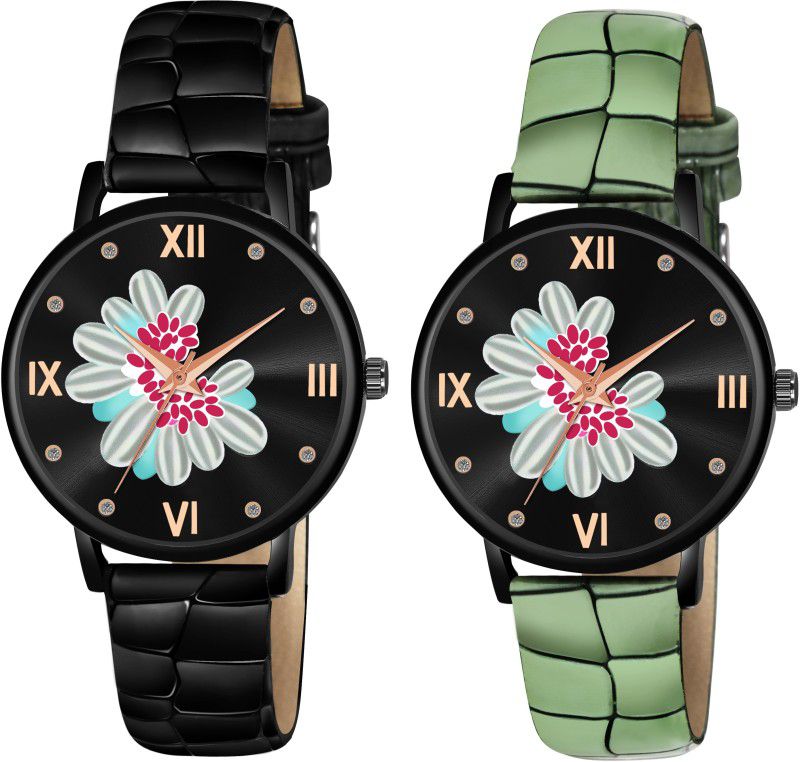 Analog Watch - For Women AB60-Pack Of 2 Flowers Dial Black And Green Lathers Strap Girls