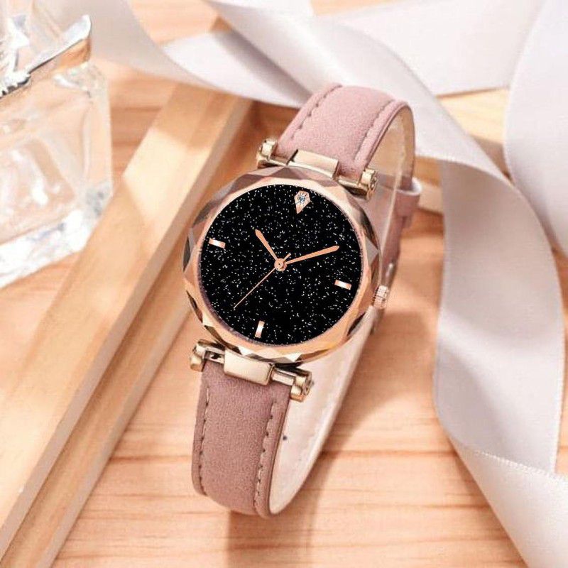 Rich Looking Premium Quality best Designer Fashion Wrist Analog Watch For Girls Analog Watch - For Women New Arrival Stylish Cut Glass pink Leather Strap ladies Analog Watch - For Women