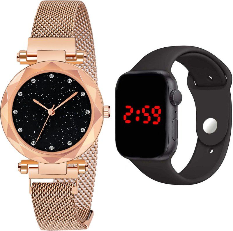 Analog Watch - For Women Analog Black Dial Rosegold Magnetic Belt Watch With Square Led Watch