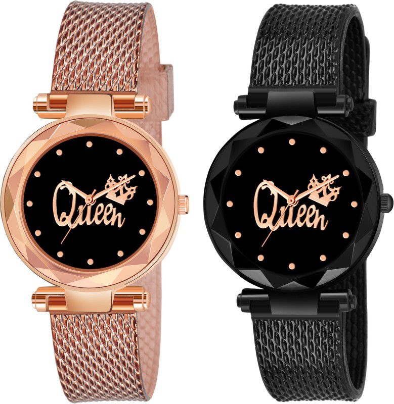 Analog Watch - For Girls Stylish New Queen Dial Multi Strap Luxury Gold and Black Analog Woman Analog Watch