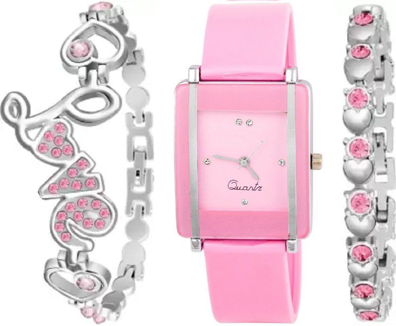Analog Watch - For Girls SW-360 New Combo Of Pink Square Dial Silicone & 2 Bracelet For Women