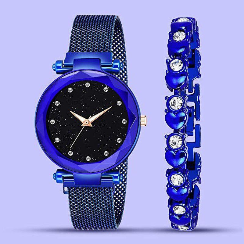 Analog Watch - For Girls Latest Magntic Strap 12 Diamond Blue Watch With White Dot Blue Bracelet Combo
