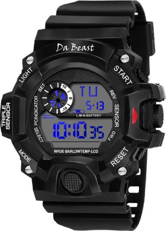 Full Black Dial 7 Dial Lights Alarm Stopwatch Day Date Month Sporty Look 30M Water Resistant & Shock Resistant Digital Watch - For Boys AA-48