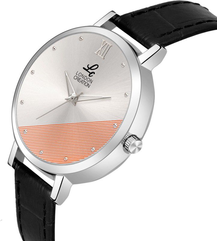 Black Leather Strap Analog Watch - For Women White and Orange Dial With Black Leather Strap LC-10029-L1