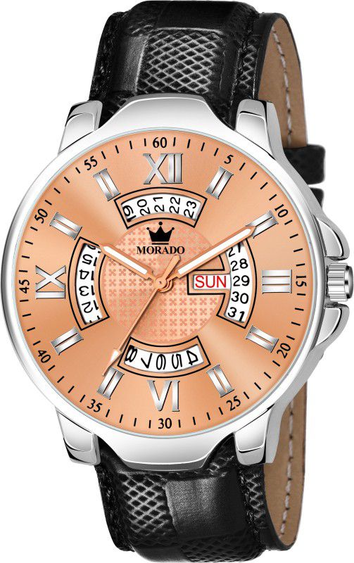 Day and Date Functioning Checked Pattern Leather Strap Analog Watch - For Men MR2045 Copper Dial unique look