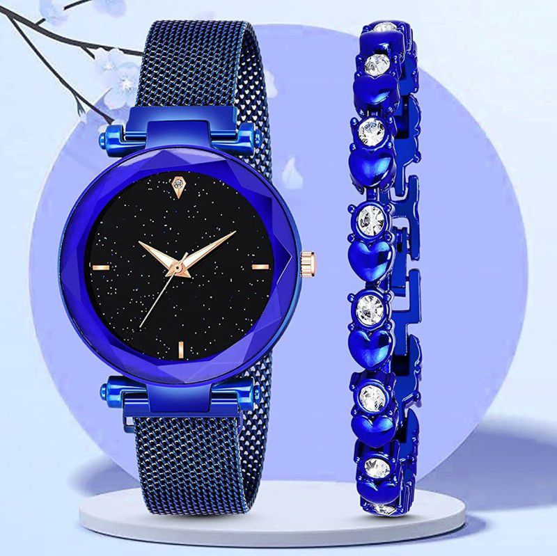 Analog Watch - For Girls Latest Magntic Strap 4 Diamond Blue Watch With Blue Dot Bracelet Combo