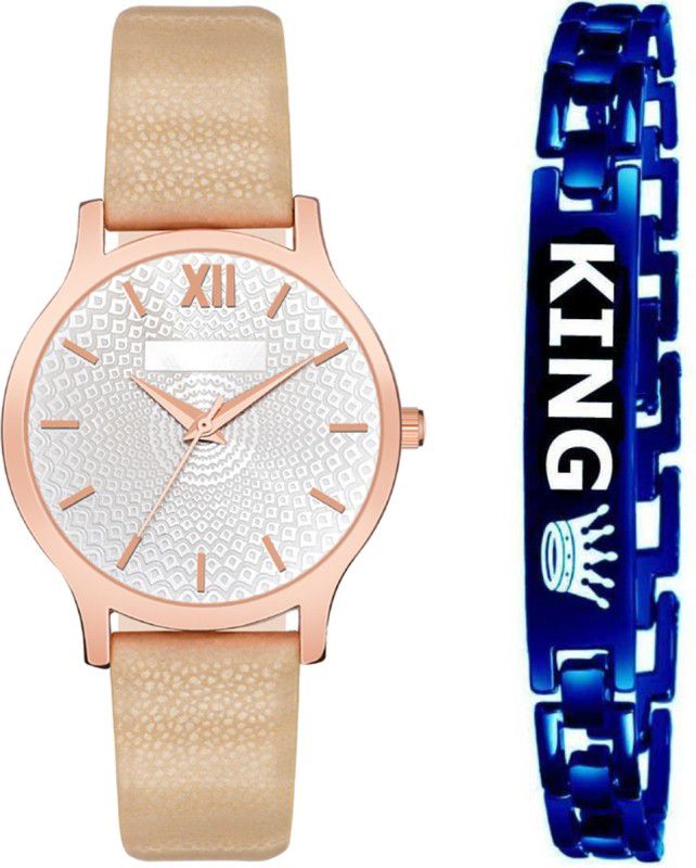 New Combo Graphic Design Dial & Genuine Leather Strap with Royal Blue Bracelet Analog Watch - For Girls MT343