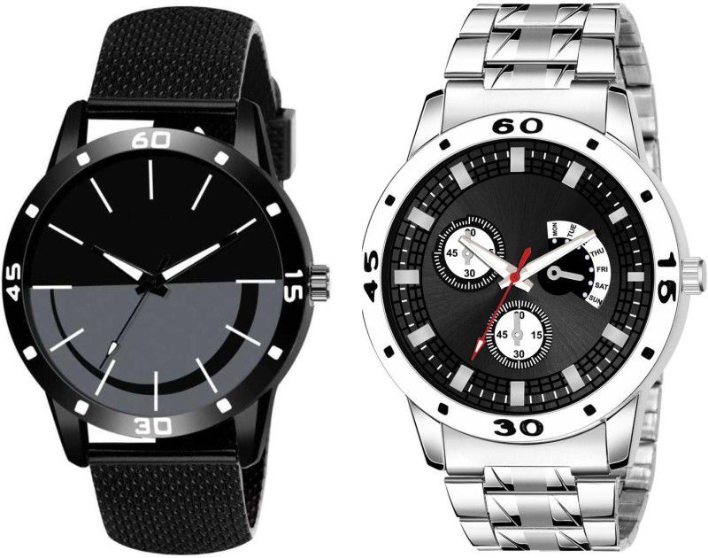 Combo Pack Of 2 New Arrival Stylish Black Dial And Pu - Metal Strap Analog Watch - For Men VH_KJR_491_KJR_054