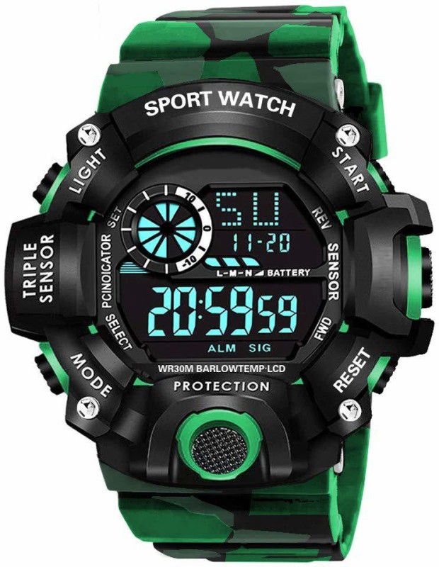 Watch For Mens Boys Digital Watch - For Men Digital Sports Multi Functional Black Dial Green Army Belt