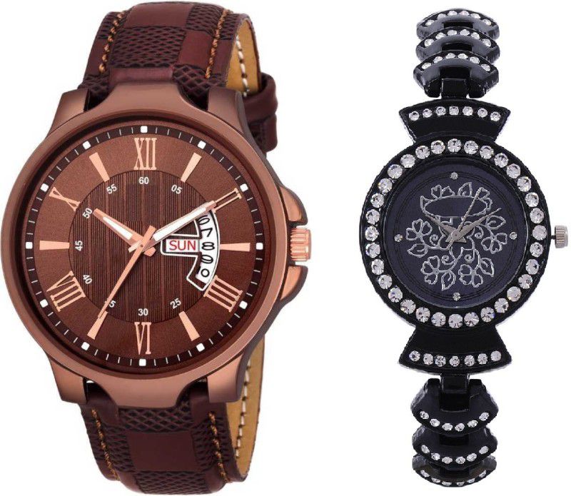 Analog Watch - For Couple (new 2019) leather time and date Brown shining color stylish Analog Watch Black Dial Girls Watch Couple