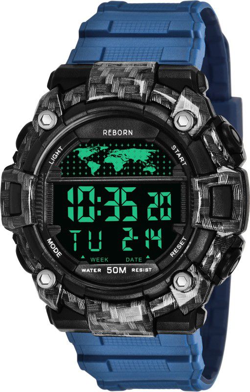 Multi-Functional Full Screen Black Sports Digital Watch - For Men Reborn Digital Blue Watch Shockproof Multi-Functional Automatic Black Dial Black Strap