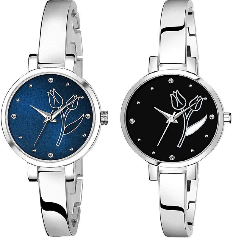 Blue and Black Dial Silver Plated Bracelet Combo Women Analog Watch - For Girls Combo-501-503-Vel
