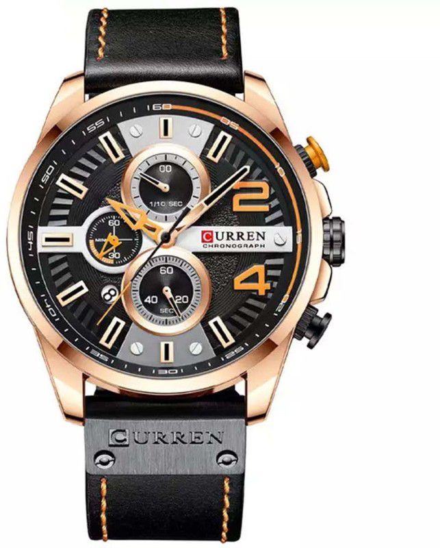 8393 Luxury Sport Chronograph Leather Watch Mens Quartz Watch -Rose Black Analog Watch - For Men CR-8393-Rose-Black