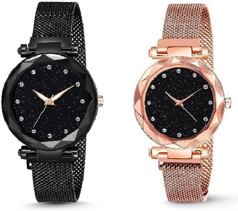 Black and gold Color 12 Point with Trending Magnetic Analogue Metal Strap Watches for Girl's and Women's Pack of - 2 Analog Watch - For Women