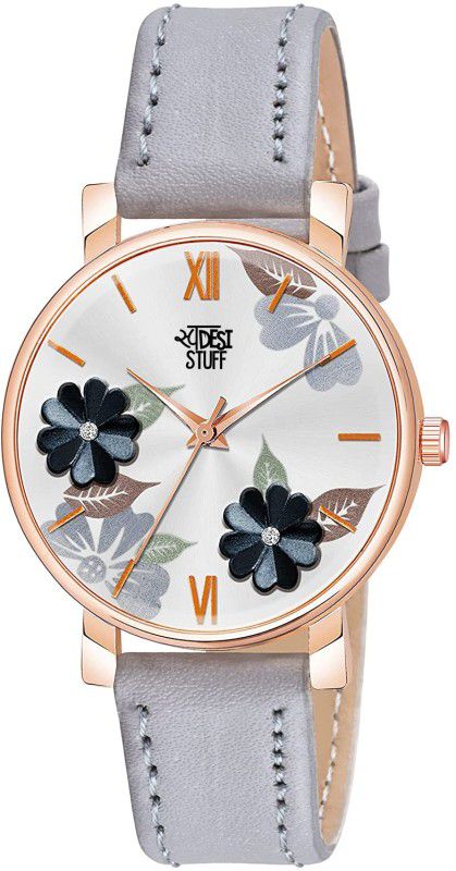 Analog Watch - For Women Grey Color Flower Dial Premium Leather Strap