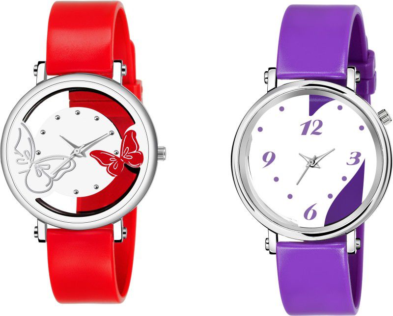 Analog Watch - For Girls New Fashion Stylish Designer White Dial With White & Red Dual battery & Heart Designer Purple Strap open Dial Attractive look for girl
