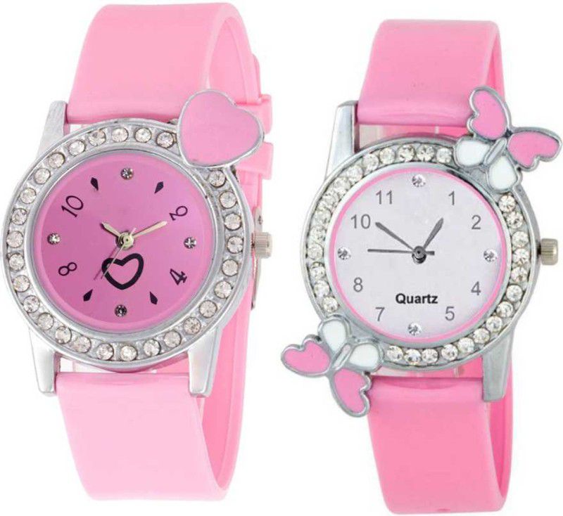 Analog Watch - For Women New Arrival Pink Color Dual Batterfly With Pink Color Small Heart Combo