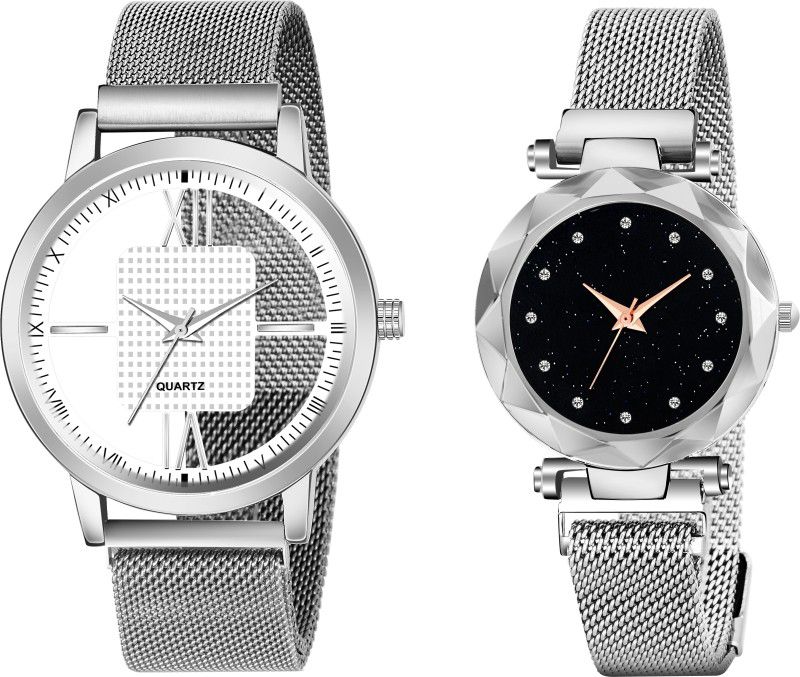 Designer Fashion Wrist Analog Watch - For Couple Luxury Mesh Magnet Buckle Starry sky Quartz Watches For Couple Fashion Mysterious Men Silver Open & 12 Daiomuns Silver Watch For