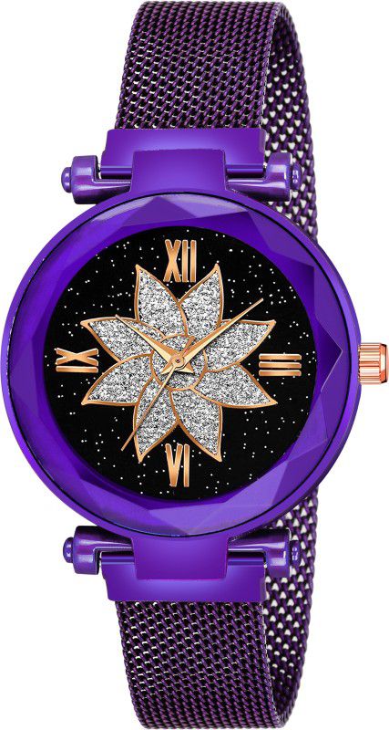 Designer Fashion Wrist Analog Watch - For Girls New Fashion Flower desing Black dial Purple Maganet Strap For Girl