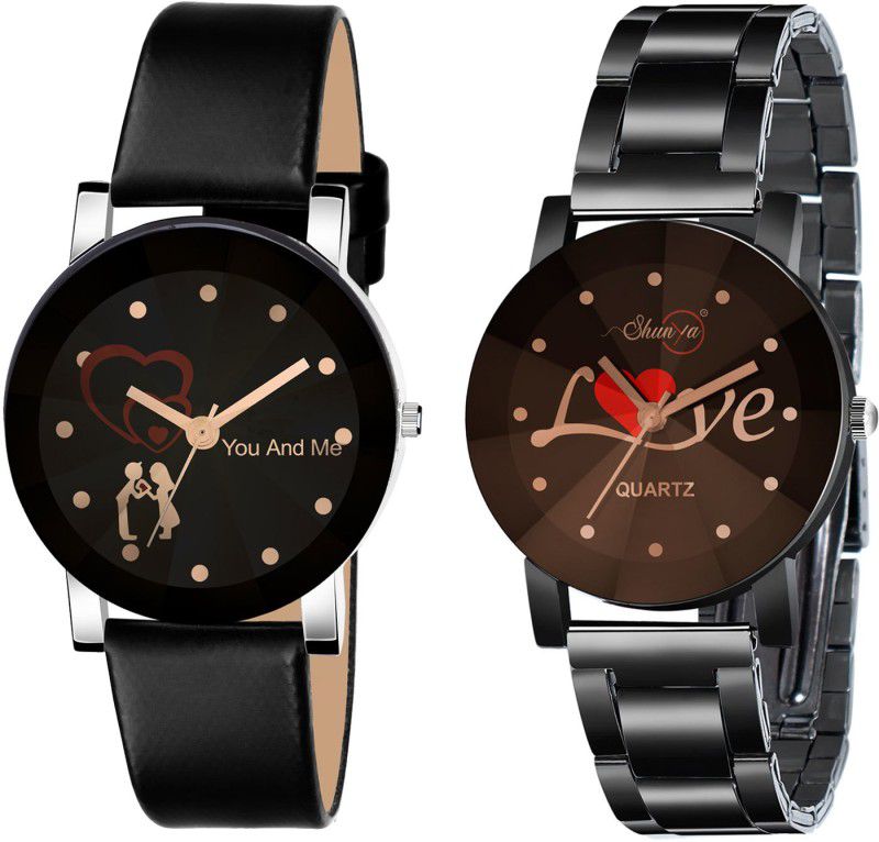Leather & Stainless Steel Strap Analog Watch - For Girls New Stylish Crystal Diamond Cut Glass Couple & Love Word Design Black Dial Women Watch Pack of 2