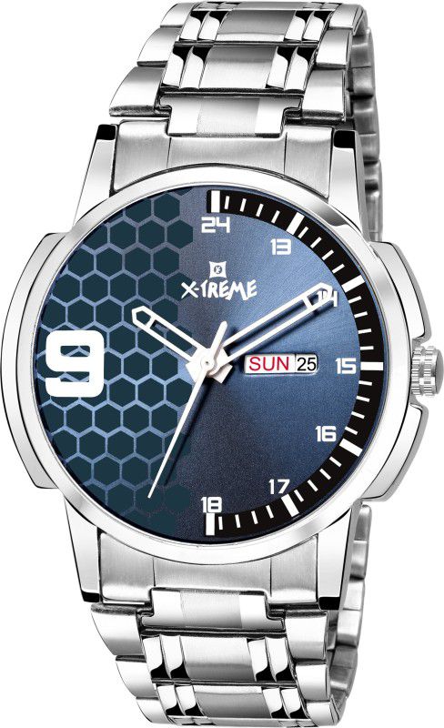 Stylish Blue Dial Day & Date Functioning With Silver Stainless Steel Chain Analog Watch - For Men XM-GR044-BLC