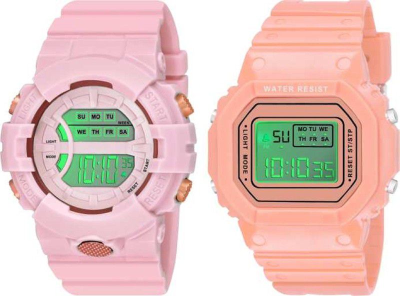 Digital Watch - For Boys & Girls Pack Of 2 Digital Watches For Kids & Boys Chronograph With Led Light Pink Strap And Orange Strap Digital Watches - For Boys Kids & Girls Kids