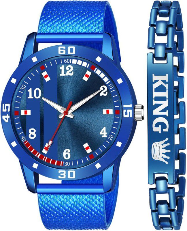 NEW ARRIVAL COMBO BLUE KING BRACELET WITH BLUE DIAL AND MESH STRAP SPORTY LOOK ANALOG WITH QUARTZ WATCH FOR MEN Analog Watch - For Boys J_23_K_528