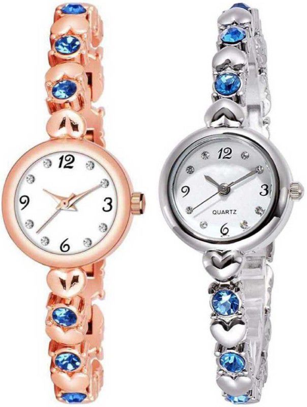 Analog Watch - For Girls New Arrival Blue Diamond Studded RoseGold & Silver Watch