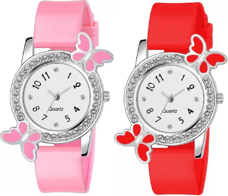 Analog Watch - For Girls Pack of 2 Pink and Red New Stylish Butterfly Design With Diamond Fab Combo