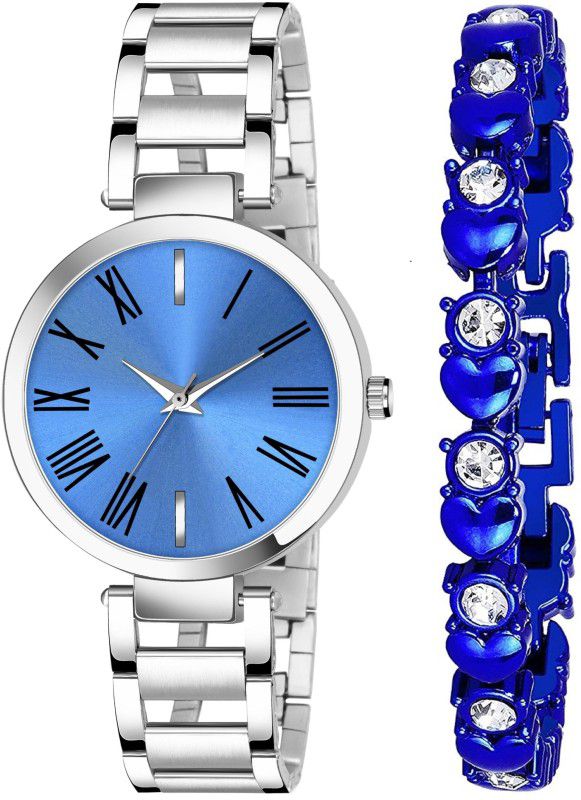 Analog Watch - For Women New Latest Designer Combo Of Blue Dial Stainless Steel Strap and Diamond Studded Blue Bracelet