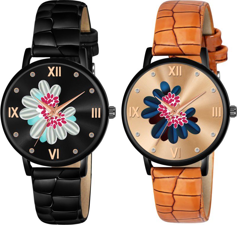 Analog Watch - For Women AB60-Pack Of 2 Flowers Dial Black And Brown Lathers Strap Girls