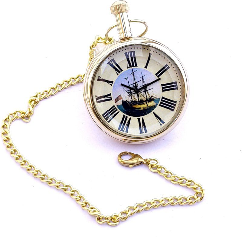 k.v handicrafts Classic Brass Ship Dial Antique Indian Look Gandhi Watch / Pocket Watch with Long Chain By- K V Handicraft KVH-0065 Brass Finish Brass Pocket Watch Chain