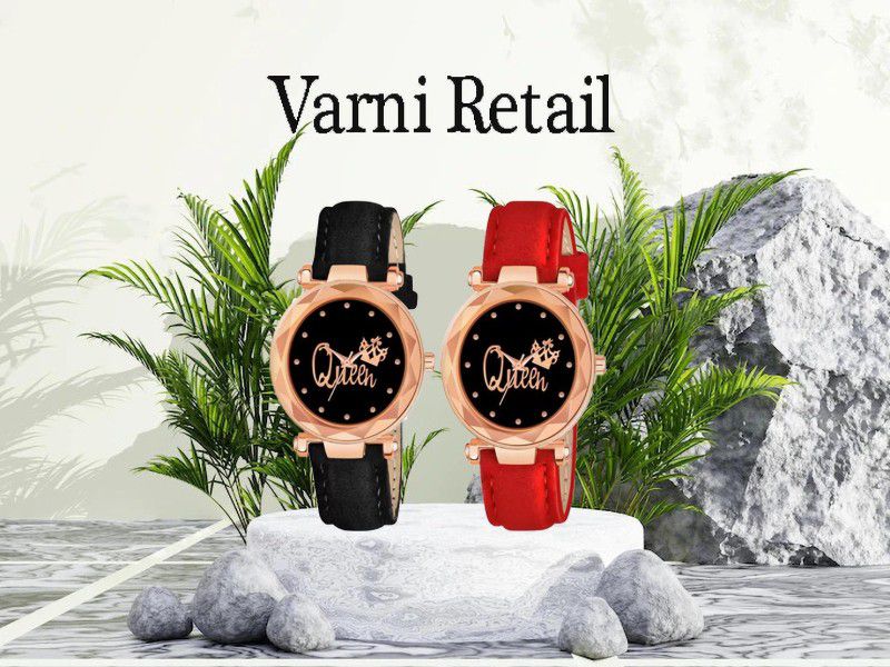 Analog Watch - For Women Desingner Queen Black Dial Black & Red Leather 2 Combo Watch