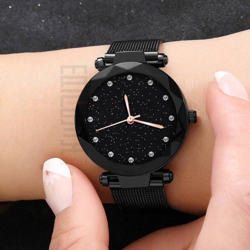girls watches for women watches stylish branded new fashion design women watches Analog Watch - For Women Bella Black Color 12 Point Diamond studded Magnet Watch