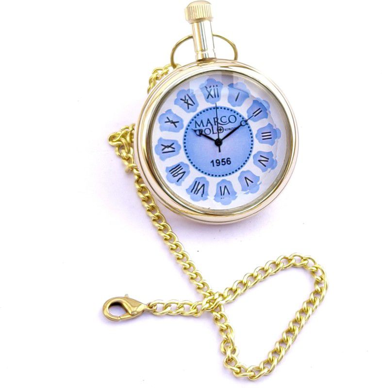 k.v handicrafts Replica Antique MarcoPolo-1956 Blue Dial - Indian Look Gandhi Watch / Pocket Watch with Long Chain By- K V Handicraft KVH-0094 Brass Finish Brass Pocket Watch Chain