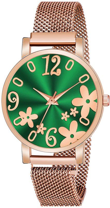 Analog Watch - For Girls C36 Rose Gold Cut Glass Case Flower Green Dial Rose Gold Color magnet Strap