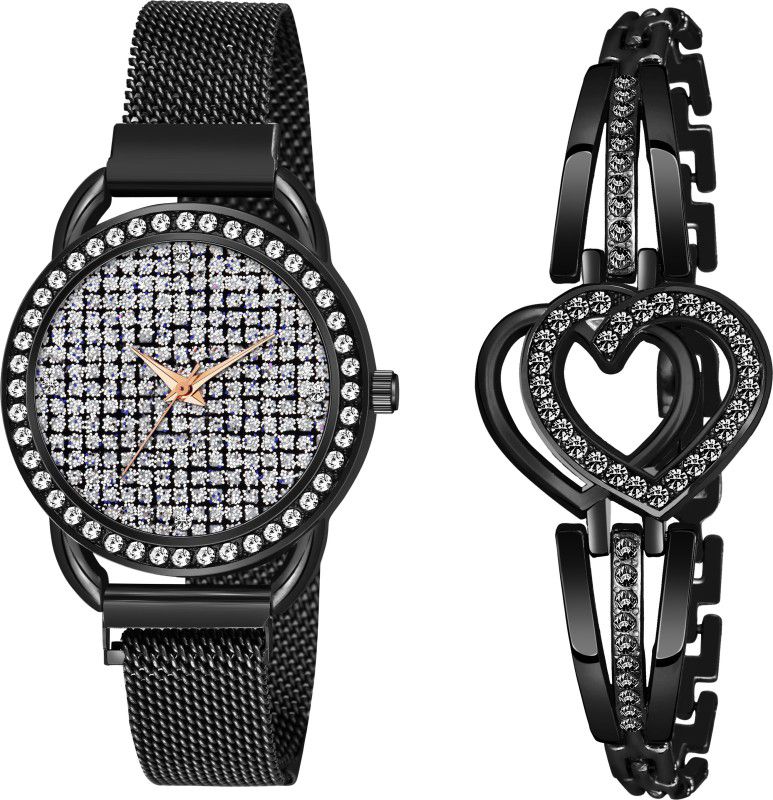 Analog Watch - For Women Analogue New Casual silver Dial Fency Full Diomund Ring Black Magnet Watch & Black Heart Breacelet Stainless Steel Strap Women's & Girls Watch