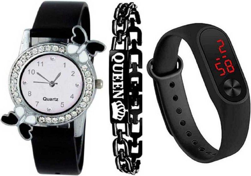 Analog-Digital Watch - For Boys & Girls New Generation Black Bracelet And Watches Combo For Girls & Women Beautiful Butterfly Diamond Studded White Band Led Digital M2 Pack Of 3 Combination Watch For Kids Analog Watch