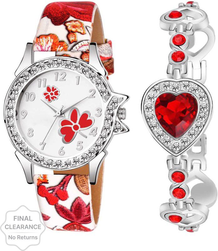 Analog Watch - For Girls WS-801 RED FLOWER WATCH & RED HEART STONE BRACELET COMBO
