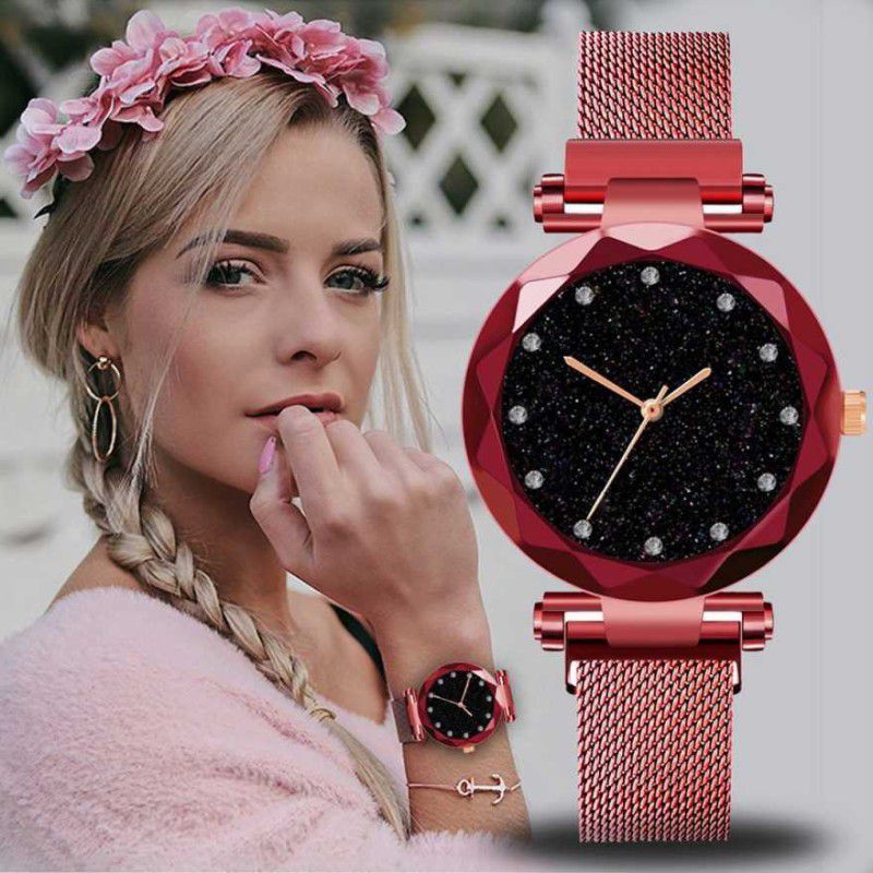 Analog Watch - For Girls Luxury 12 Diamond Red 21st century Magnetic Chain Mesh Magnet Buckle Starry sky Quartz Watches For girls Fashion Clock