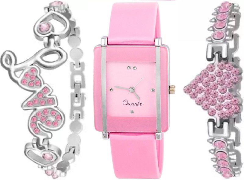 Analog Watch - For Girls SW-358 New Combo Of Pink Square Dial Silicone & 2 Bracelet For Women