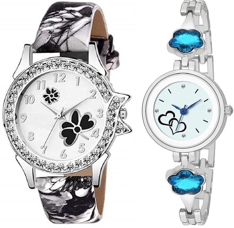 Analog Watch - For Girls New Black Flower Designed Leather and Blue Stainless Steel Combo Of 2