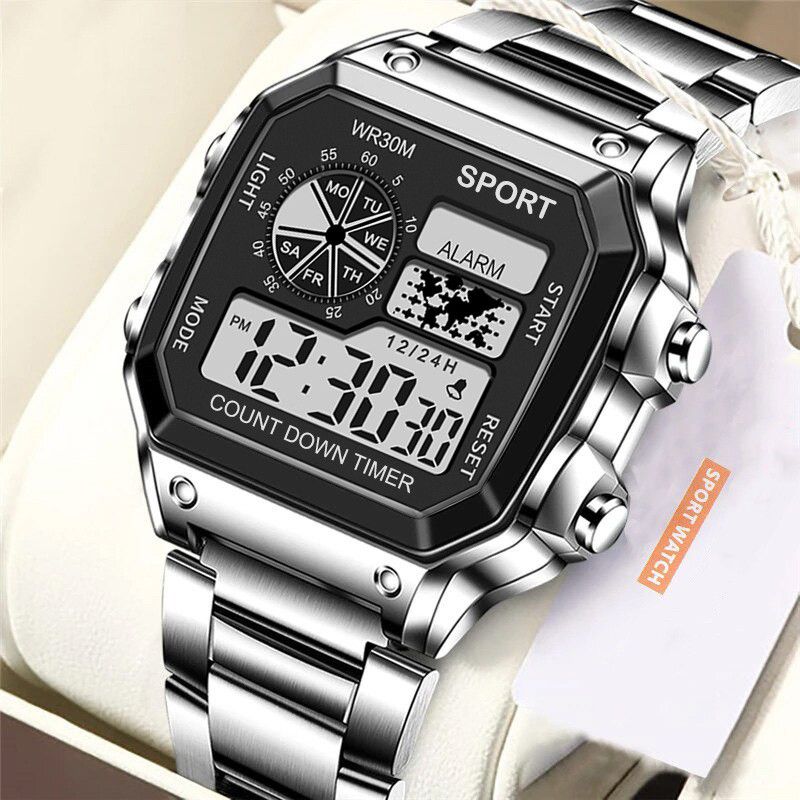 Stylish Trendy Small Square Dial Unisex Multifunction Sports Digital Watch - For Men & Women W18 Silver Stainless Steel