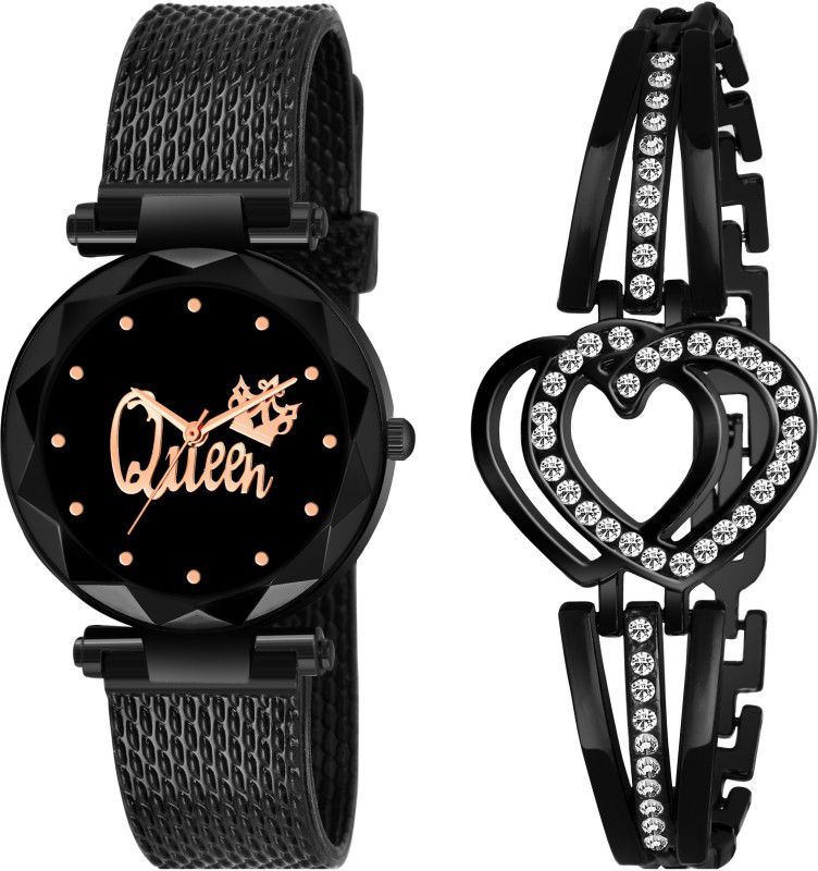 Analog Watch - For Girls Pack of 2 New Stylish Queen Dial Watch and Black Crystal Fancy Bracelet