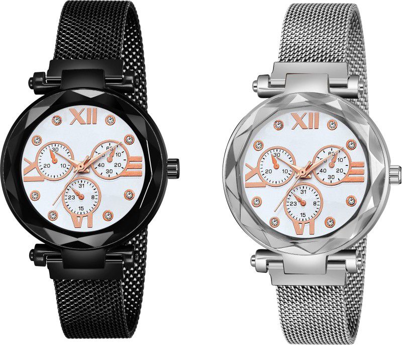 Analog Watch - For Girls New Fashion Roman Digit White Dial Silver & Black Maganet Strap For Girl