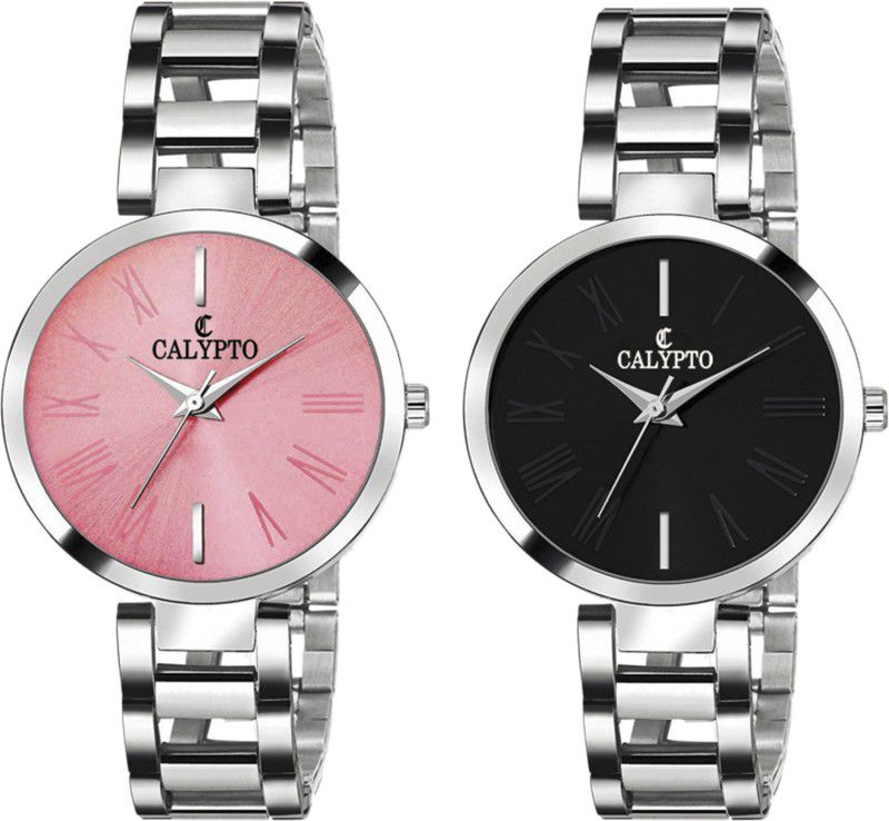 Combo of 2 Pink & Black Dial & Silver Chain Official Wrist Watch for Girls Analog Watch - For Women EDQW