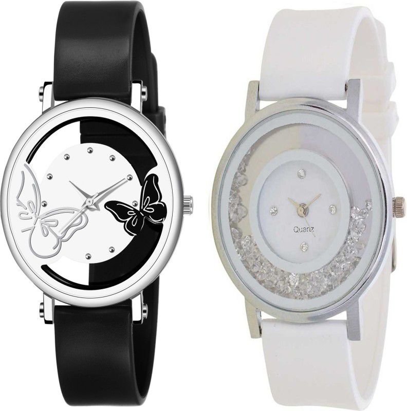 Analog Watch - For Girls White And Black Dual Batterfly And White White Diamond Combo